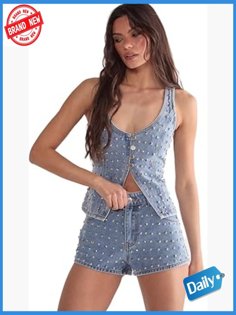 Studded Denim Corset Top - Structured Bustier with Button Front